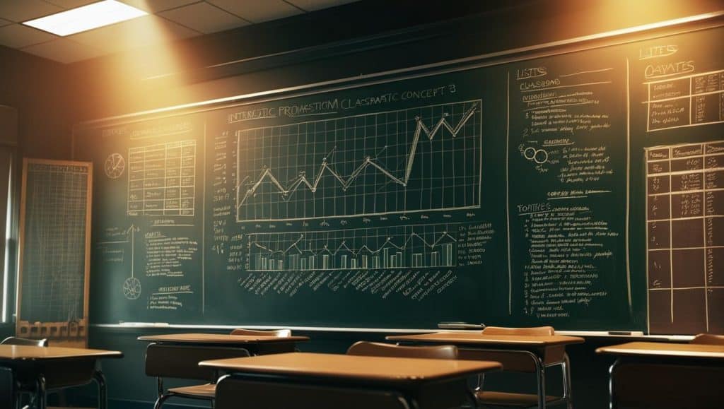 Classroom with board filled with graphs and lists Karriereveiledning 1