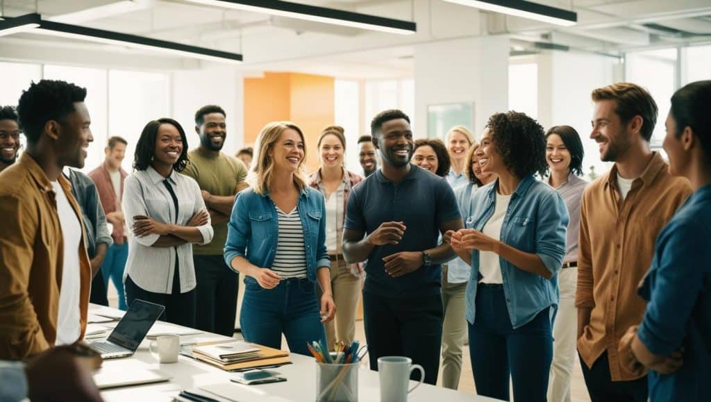 Office populated with happy workers dressed casually or slobbly. Karriereveiledning 3