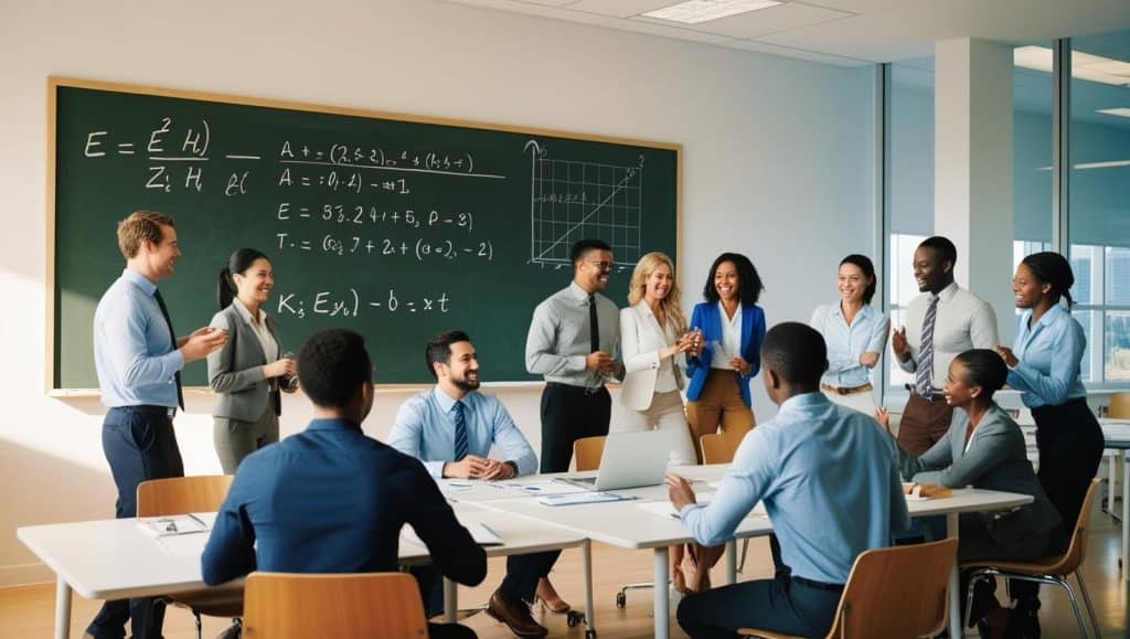 classroom with words written on the board. populated by office workers. Ekspertbistand 2